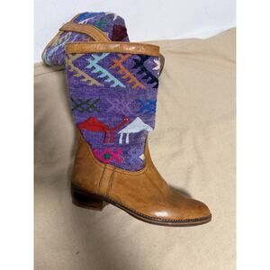 Western Boots Womens Size 9 Multicolor Leather Woven Kilim Mid Calf Block Heel